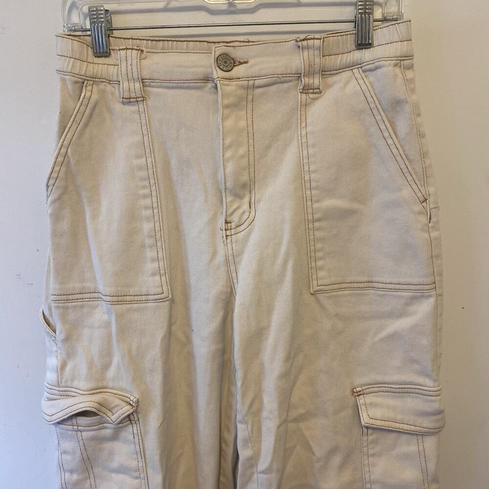 Women L Ivory Denim Cargo Pants WideLeg ElasticWaist Pockets Corpcore Steampunk - Picture 7 of 9